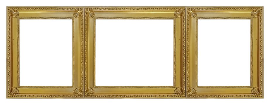 Gold frame of three parts (triptych) on a white background for paintings, mirrors or photos
