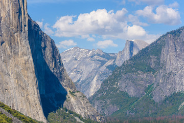 View of Yosemite Valley from Tunnel View point - view to Bridal veil falls, El Capitan and Half Dome - Yosemite National Park in California, USA