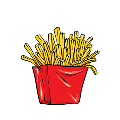 French fries in a bright box. Realistic illustration isolated on white background. Vector drawing for the menu of a cafe of fast food, restaurants or posters.