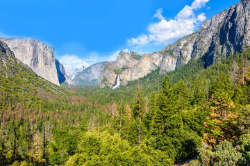 Fototapeta na wymiar View of Yosemite Valley from Tunnel View point - view to Bridal veil falls, El Capitan and Half Dome - Yosemite National Park in California, USA