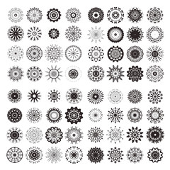 Vector set of isolated floral mandala on white background. Collection of round ornamental rangoli mandala for decoration. Ethnic elements for yoga logo, arabian or indian ornament for coloring.