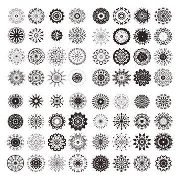 Vector set of isolated floral mandala on white background. Collection of round ornamental rangoli mandala for decoration. Ethnic elements for yoga logo, arabian or indian ornament for coloring.
