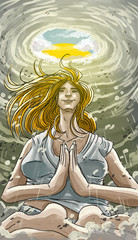 Obraz na płótnie Canvas woman meditating in the center of the eye of an hurricane