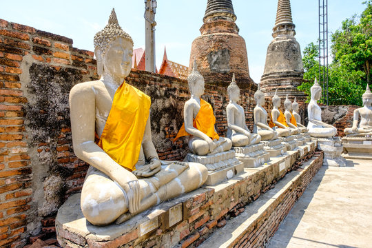 Buddha Statues in Old Temple at Wat Yai Chaimongkol in Ayutthaya, Thailand