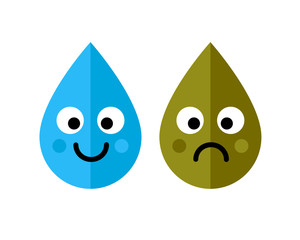 Clean and dirty water drops characters icon isolated on white background. Ecology concept.