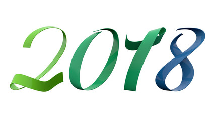 2018 New Year Digits Analogy Colors 195 Degrees Green And Blue Glossy Metallic Ribbon Title 3D Render In 8K Resolution