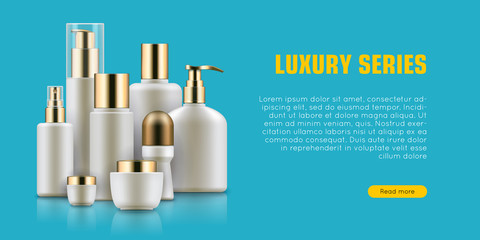 Cosmetic realistic bottle set. Offers and deals on makeup and skin care products. Realistic template vector illustration
