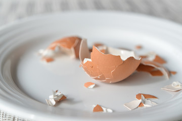Eaten egg on a white plate