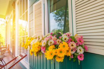 window with flower box and shutters at home