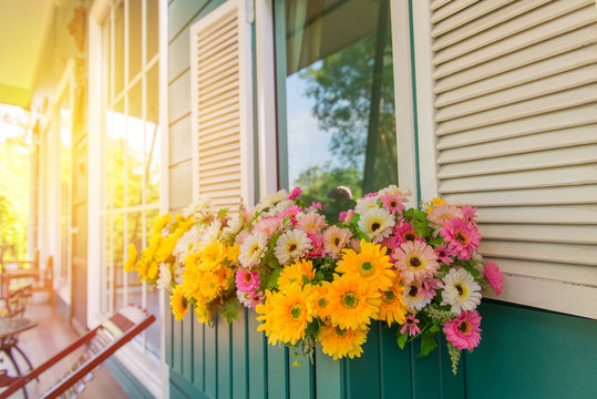 Window With Flower Box And Shutters At Home