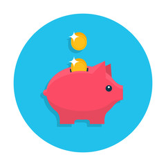 Money box flat icon. Pig piggy bank with coin. Money savings, save money, budget, finance symbol. Internet icon with in rounded shape. Web and mobile design element. Vector colored illustration.