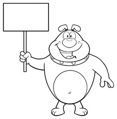 Black And White Happy Bulldog Cartoon Mascot Character Holding A Blank Sign. Illustration Isolated On White Background