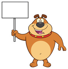 Happy Brown Bulldog Cartoon Mascot Character Holding A Blank Sign. Illustration Isolated On White Background