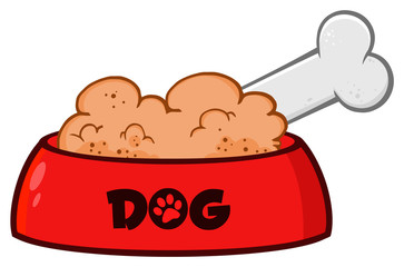 Red Dog Bowl With Animal Food And Bone Drawing Simple Design. Illustration Isolated On White Background
