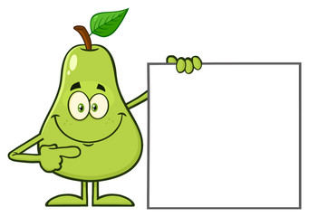 Smiling Green Pear Fruit With Leaf Cartoon Mascot Character Pointing To A Blank Sign. Illustration Isolated On White Background