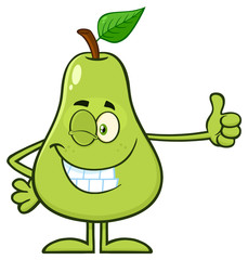 Winking Green Pear Fruit With Leaf Cartoon Mascot Character Giving A Thumb Up. Illustration Isolated On White Background