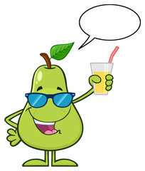 Green Pear Fruit With Sunglasses Cartoon Mascot Character Holding Up A Glass Of Juice. Illustration Isolated On White Background With Speech Bubble
