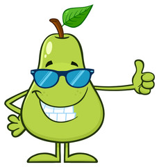 Green Pear Fruit With Sunglasses Cartoon Mascot Character Giving A Thumb Up. Illustration Isolated On White Background