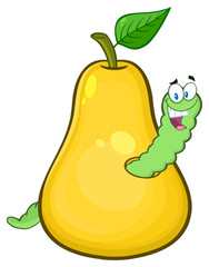 Yellow Pear Fruit With Green Leaf  And A Worm Cartoon Mascot Character. Illustration Isolated On White Background