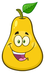 Happy Yellow Pear Fruit With Green Leaf Cartoon Mascot Character. Illustration Isolated On White Background