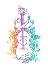 Hand drawn guitar with floral decorative.
