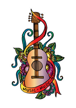 Hand drawn guitar with floral decorative.