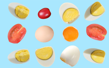 Graphic design of sliced eggs and tomatoes, breakfast,  on a blue background.