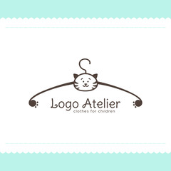 Logo Atelier making children's clothes. Vector template for the fashion industry. Element for Studio sewing and tailoring. Illustration in cartoon style