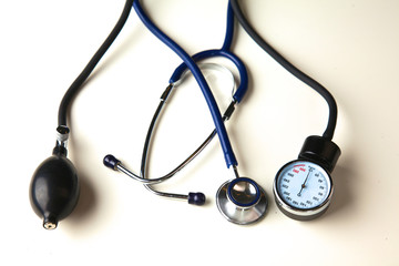 Blood pressure meter and stethoscope, isolated on white