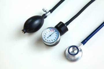 Blood pressure meter and stethoscope, isolated on white