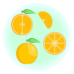 Flat vector orange set - fruit split in a half along and across, fruit circle and wedge, a slice or a segment of an orange. Cute colorful summer fruit