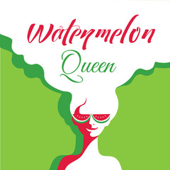 Watermelon poster concept. Hand drawn cartoon retro style. Pop art. Fancy letters watermelon queen. Beautiful young woman with sunglasses. Summer holiday. Banner signboard template vector illustration