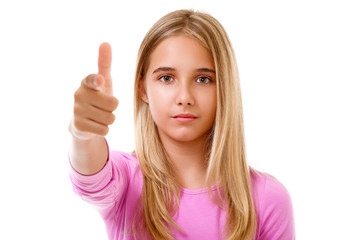Attractive young girl pointing her finger.Isolated
