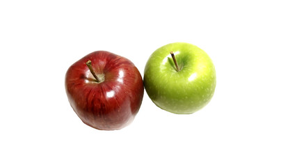 Green and red apples on white background