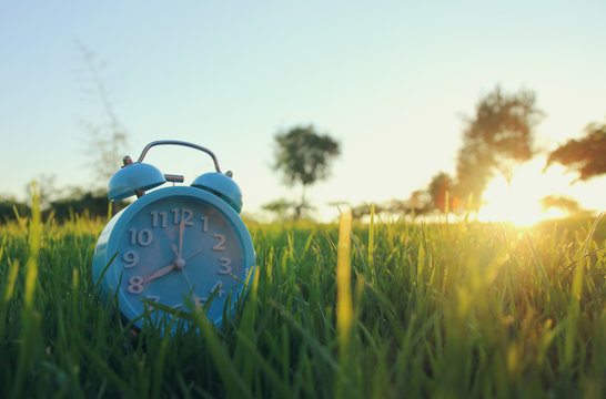 Retro alarm clock over green grass outdoors in the park