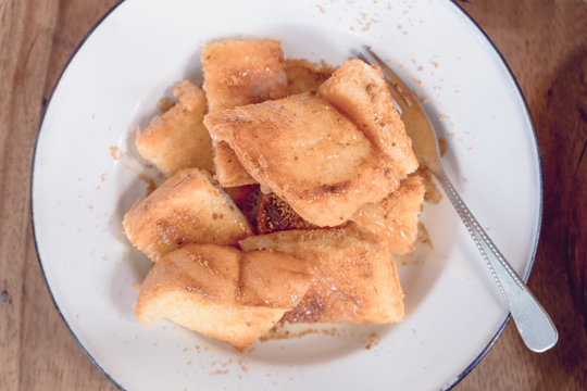 Top View Of Bread Toast With Butter Milk And Brown Sugar On Top.Thai Style Bread Toast.