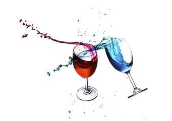 wine glasses falling with blue and red liquid