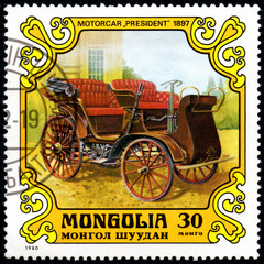 Fototapeta na wymiar UKRAINE - CIRCA 2017: A postage stamp printed in Mongolia shows motorcar President, Austria-Hungary, 1897 from the series Antique Cars, circa 1980