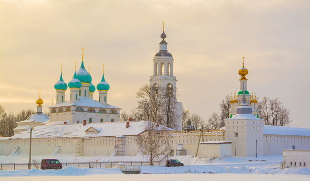 St. Vvedensky Monastery in the village of Tolga in Yaroslavl on a winter evening