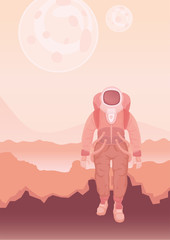 Astronaut in a spacesuit on Mars or another planet. Rocky desert alien landscape. Vector illustration.