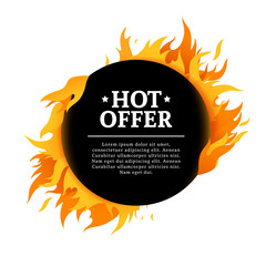 Template design circle banner with Special sale. Black round card for hot offer with frame fire graphic. Advertising poster layout with flame border on white background. Vector