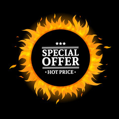 Template design circle banner with Special sale. Black round card for hot offer with frame fire graphic. Advertising poster layout with flame border on black background. Vector.