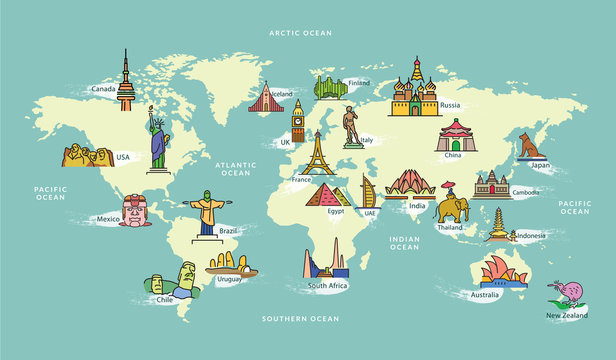 World Map with Landmark of Famous Country Symbol