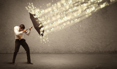 Business man holding umbrella against dollar rain concept