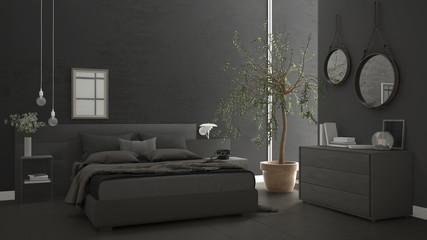 Modern bedroom with window, chest of drawer and big olive tree, concrete wall, minimalist interior design