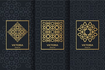 Collection of black backgrounds and golden calligraphic elements. Set of labels, icons, logos in islamic, oriental, eastern style.Templates with luxury foil for packaging