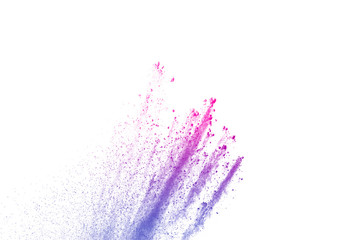 abstract pink-purple powder splatted on white background,Freeze motion of pink-purple powder...