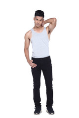 Fototapeta premium Tan Skin Asian black hair, handsom muscle good looking man in gray vest black pant jean, stand pose in studio lighting white background, hand on neck