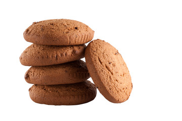Detail of four crispy golden oat biscuits on white