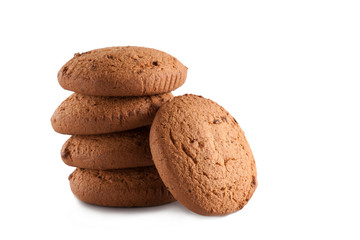 Detail of four crispy golden oat biscuits on white